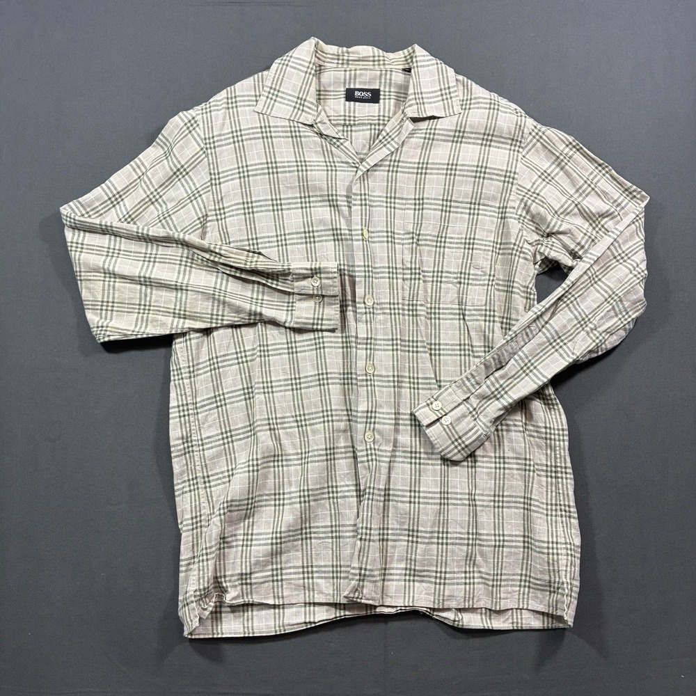 Hugo Boss BOSS Mens Medium Plaid Linen Button Up Shirt Green Long Sleeve Casual